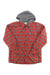 The Simms Mens Coldweather Hoody is a long-sleeve red and gray plaid flannel shirt with a gray hood, drawstrings, and fleece lining for extra warmth, shown flat on a white background.