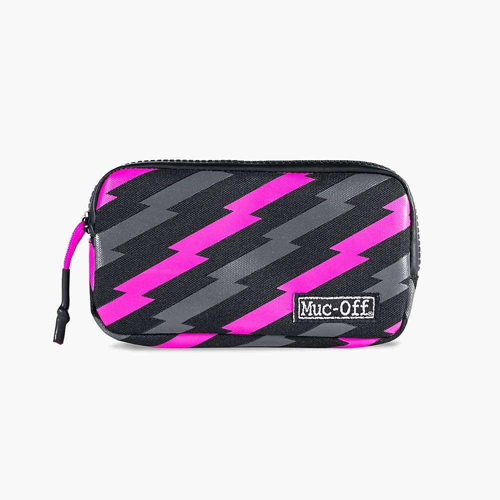 Muc-Off essentials case, black with pink lightning pattern and zippered front pocket