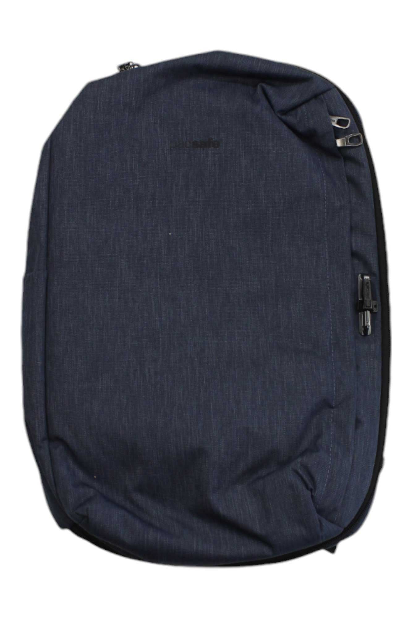 Dark denim commuter backpack with front zip pocket and side zipper detail