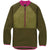 Hybrid anorak in olive, color-block design with magenta zipper and pink collar