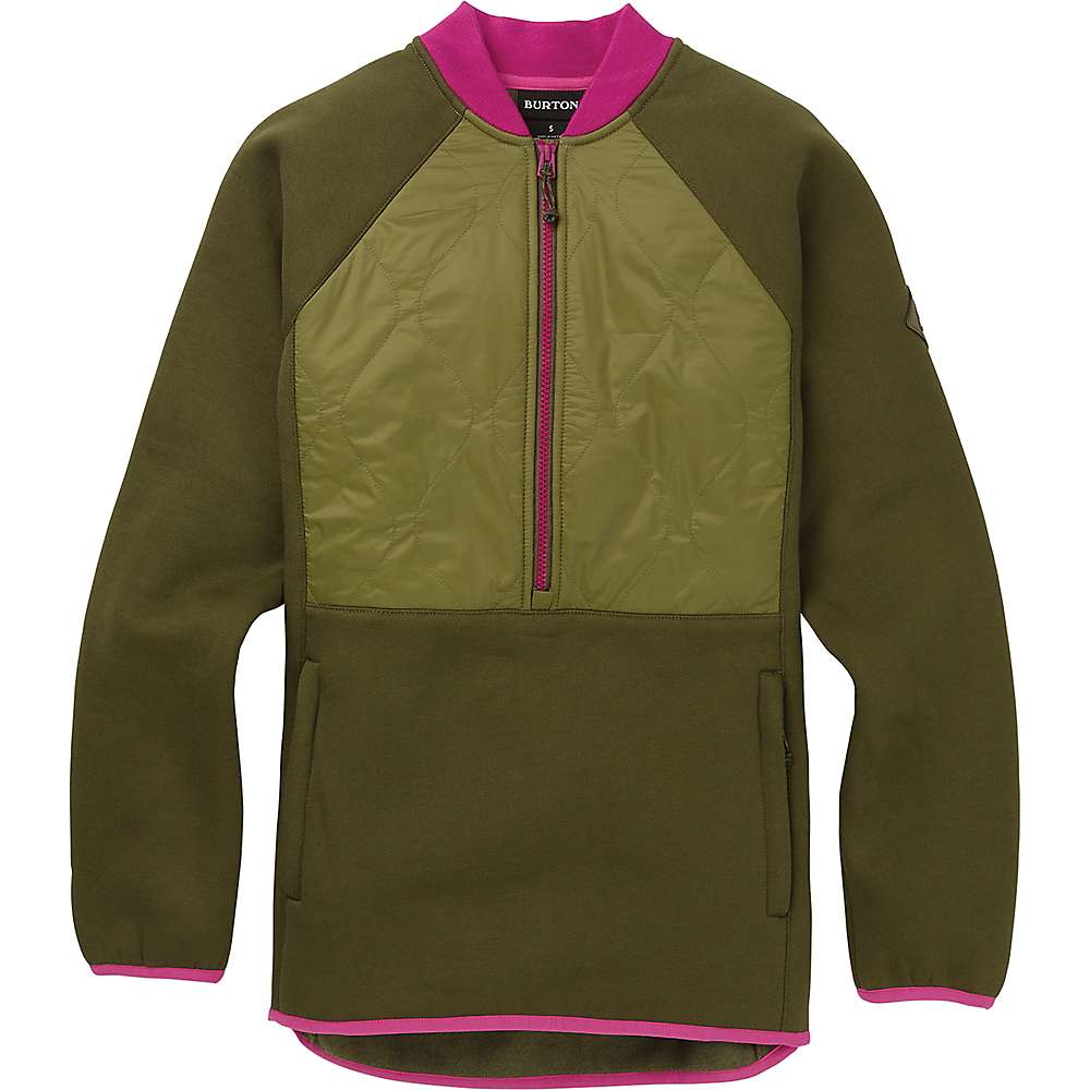 Olive hybrid anorak with magenta center zip, front pocket, and contrast sleeves