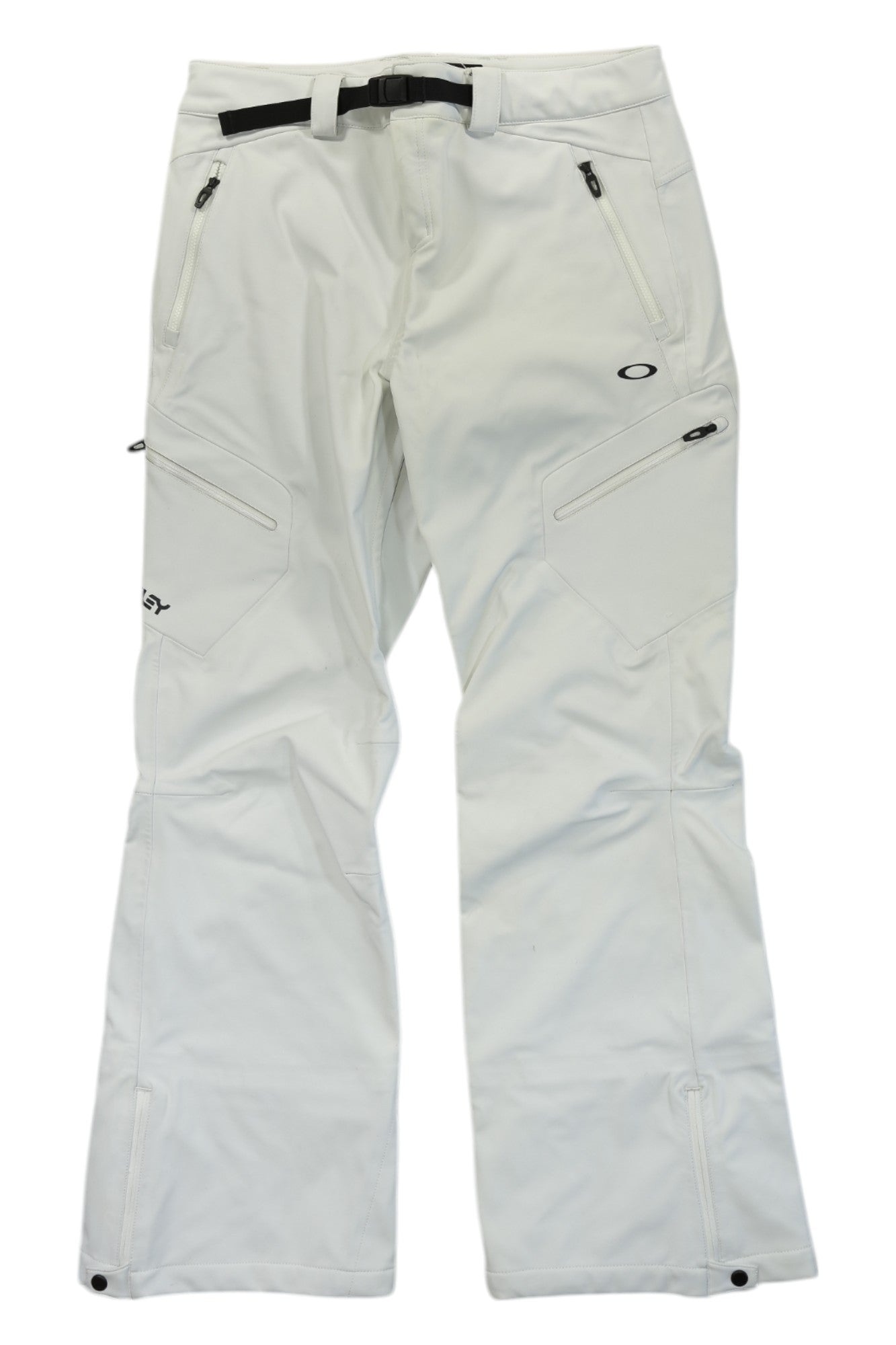 The Oakley Womens Softshell Pant features zippered pockets, a black adjustable belt, subtle black Oakley logos, reinforced knees, and a relaxed fit—ideal for outdoor adventures.