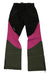 The Oakley Womens Spellbound 2.0 Shell 3L GTX Pant features a color-blocked design in black, pink, and olive green, is fully waterproof, and offers zippered pockets, adjustable waistband tabs, and leg zippers for versatile slope performance.