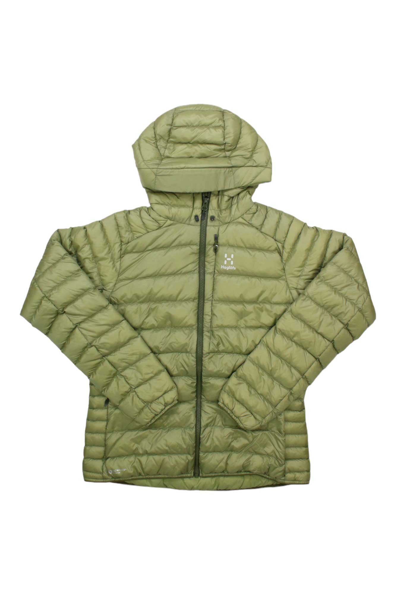 Haglofs Womens Roc Down Hoodie in light green, quilted and hooded with a Pertex shell, front zipper, two side pockets, small left chest logo, and fluorocarbon-free. Laid flat on a white background.