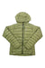Haglofs Womens Roc Down Hoodie in light green, quilted and hooded with a Pertex shell, front zipper, two side pockets, small left chest logo, and fluorocarbon-free. Laid flat on a white background.