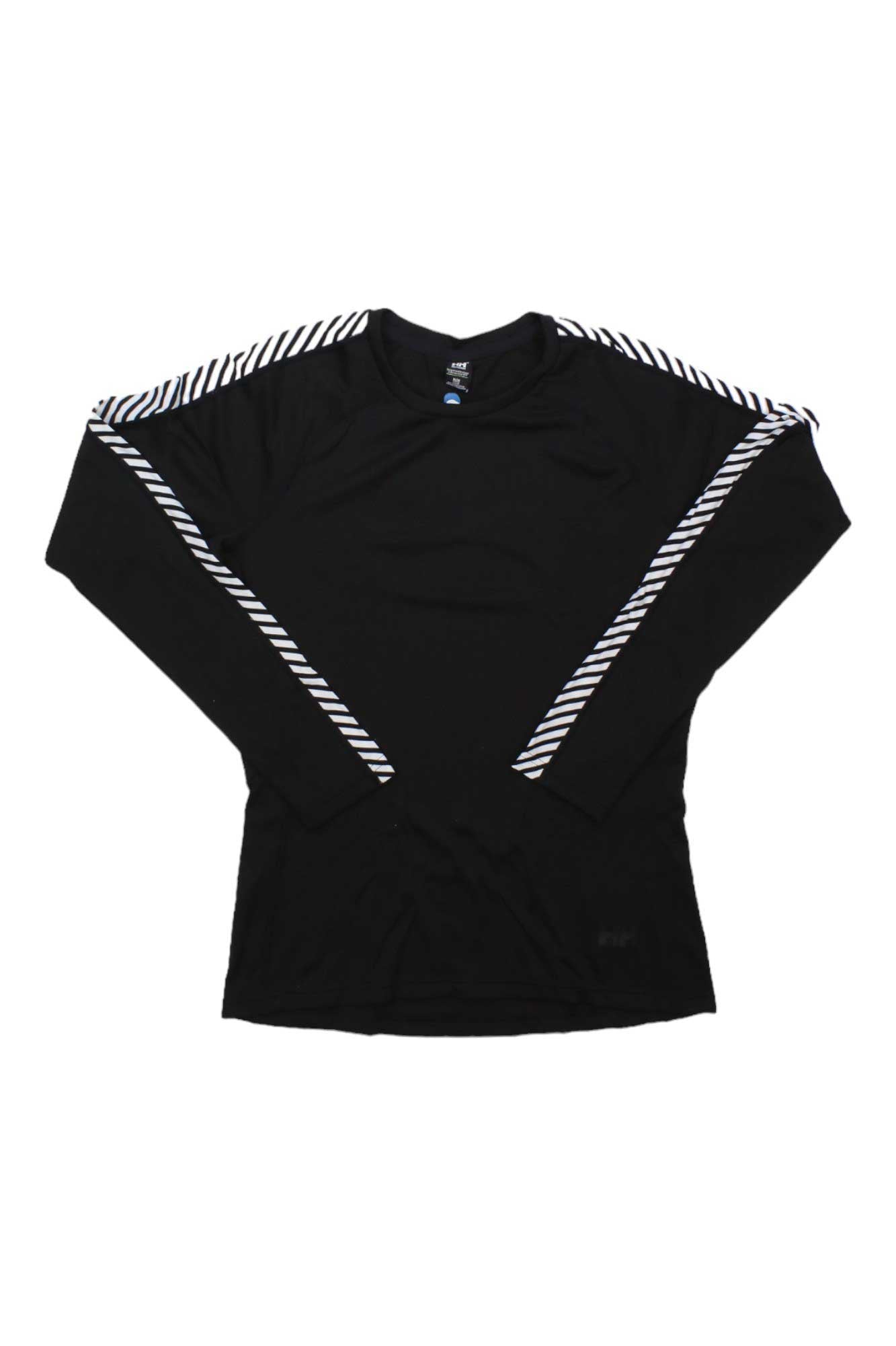 The Helly Hansen Womens Lifa Active Stripe Crew Top is a black long-sleeve shirt with white shoulder and sleeve stripes, lightweight insulation for hiking, shown laid flat on a white background.