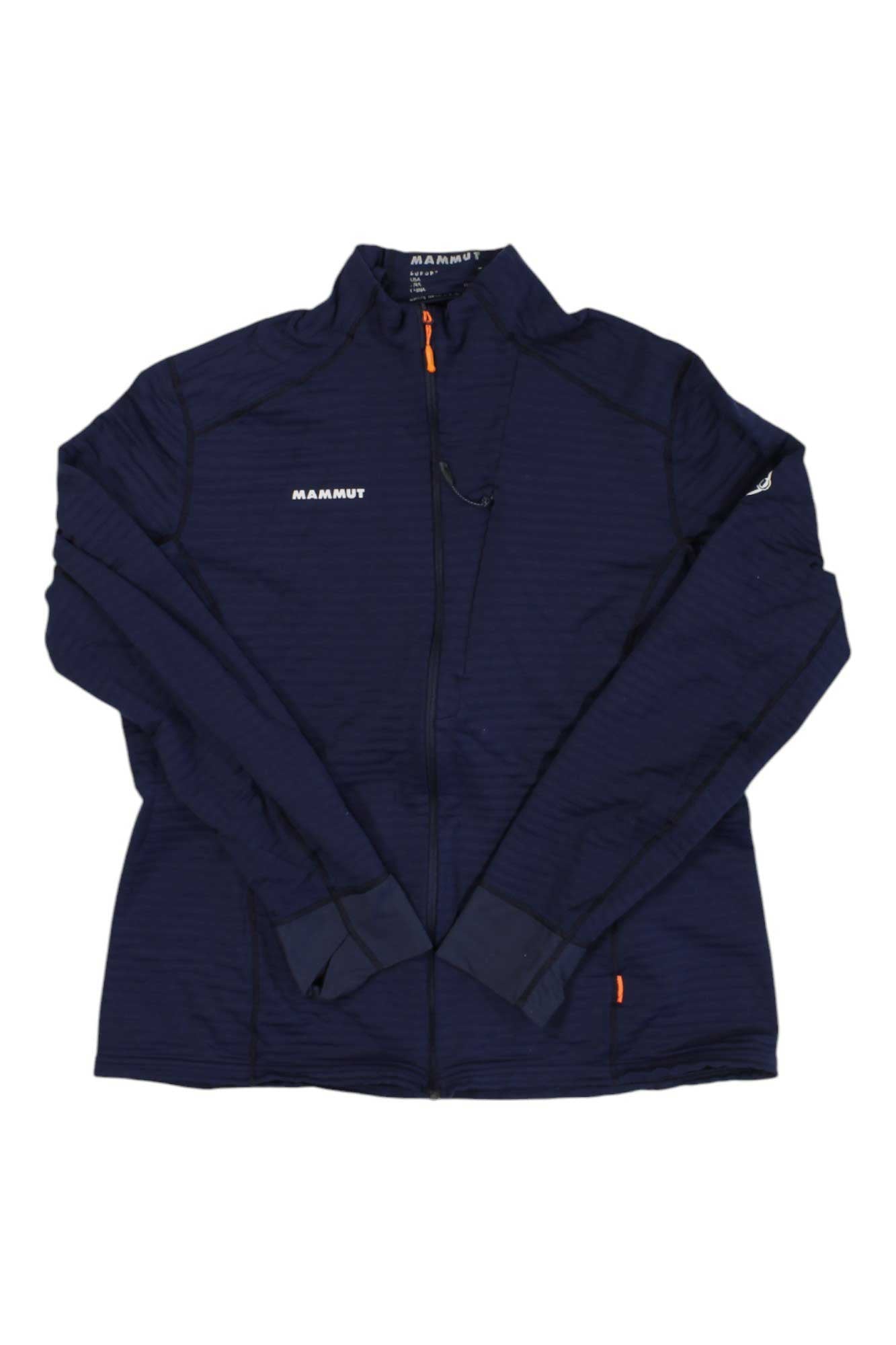 The Mammut Womens Aconcagua Light ML Jacket features lightweight insulation, long sleeves, a high collar, orange zipper accents, subtle horizontal stripes, and the Mammut logo. Made from recycled polyester in navy blue.