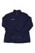 The Mammut Womens Aconcagua Light ML Jacket features lightweight insulation, long sleeves, a high collar, orange zipper accents, subtle horizontal stripes, and the Mammut logo. Made from recycled polyester in navy blue.