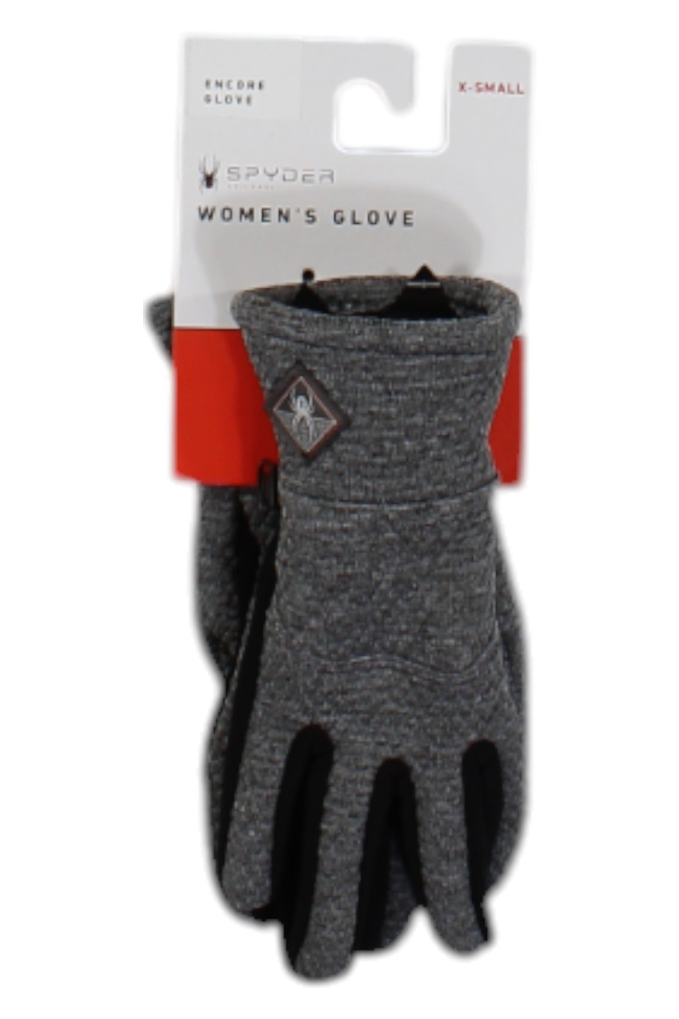 A pair of Spyder Womens Encore Glove in gray, size X-Small, insulated fleece gloves shown on a white and red packaging card.
