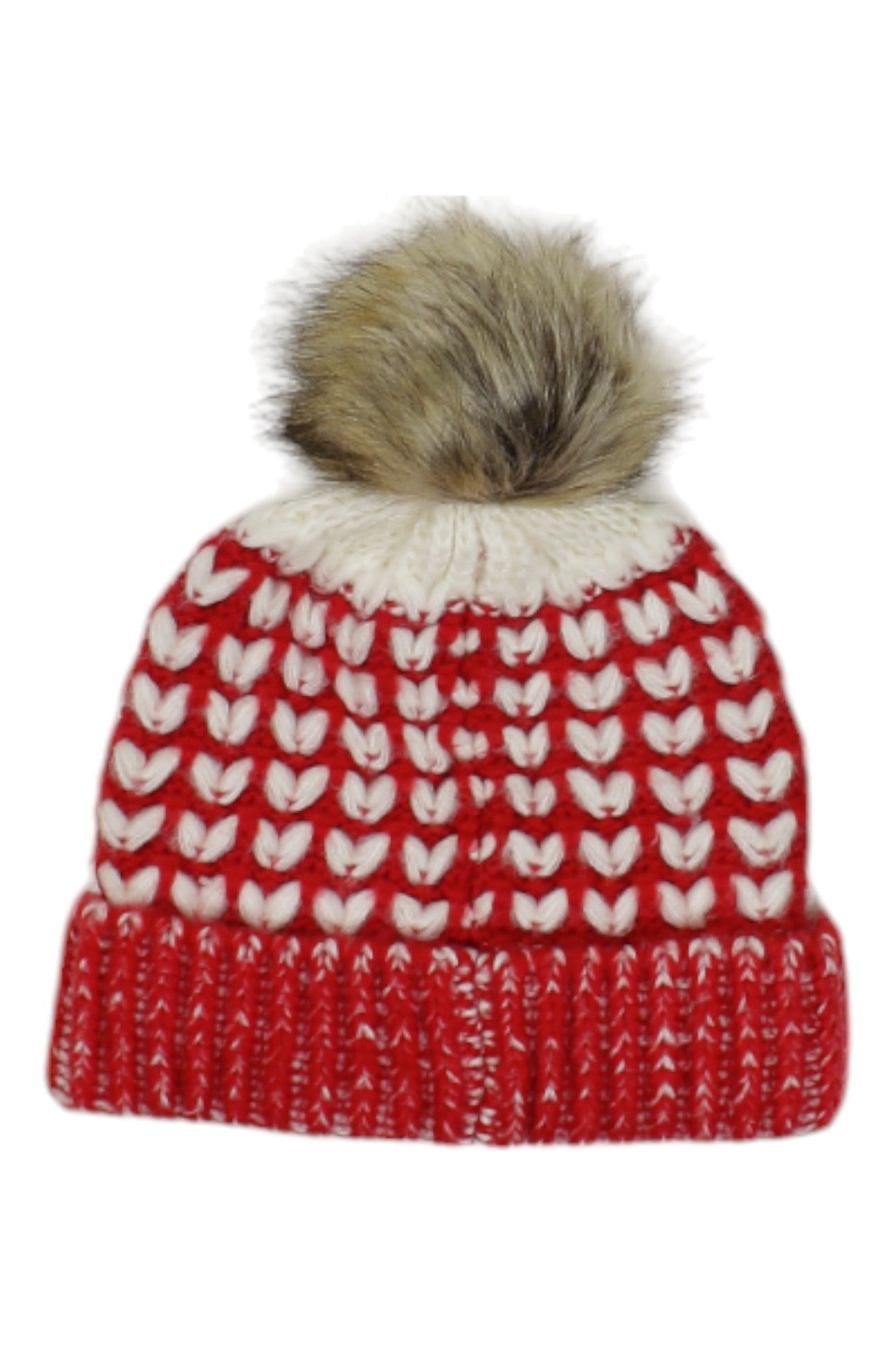 The Spyder Girls Flight Beanie is a knitted red and white winter hat featuring a pom-pom, a white band at the top, and a red body adorned with a white heart pattern.
