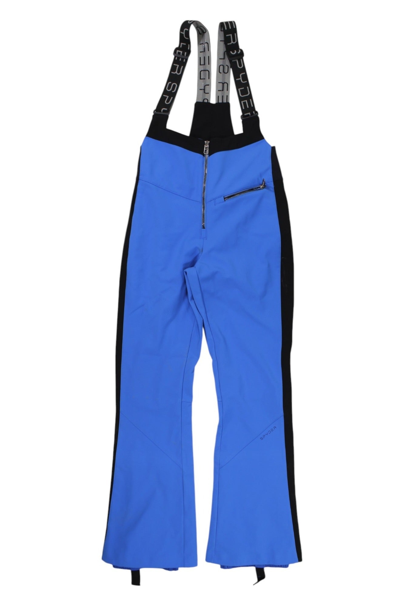 The Spyder Womens Strutt Bib Pant features a bright blue color with black side panels, SPYDER-branded suspenders, front zipper, zippered pocket, and reinforced hems. The ski pants are displayed flat against a white background.