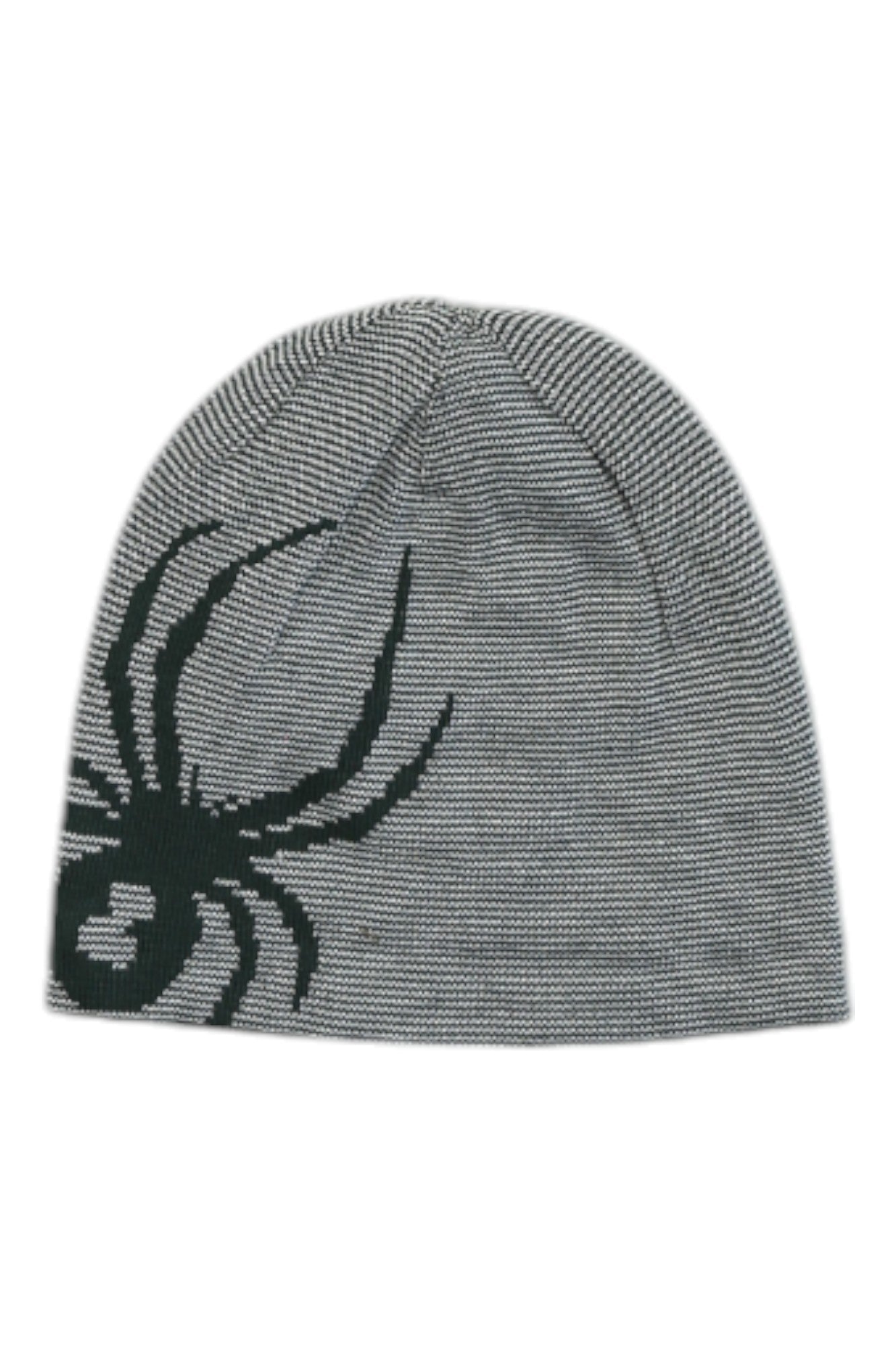 The Spyder Mens Reversible Innsbruck Hat is a gray knit winter hat with a bold black spider design on one side, offering stylish and warm cold-weather gear from Spyder.