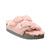The Birkenstock Papillio Teddy Crystal Rose Arizona Big Buckle Shearling sandal in size 7 features light pink fluffy straps, a cork footbed, and a thick gray sole.