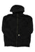 The Carhartt Mens Rain Defender Loose Fit Midweight Thermal Lined Full-Zip Hooded Sweatshirt in plain black, featuring a hood, front pockets, water repellent finish, and a small square logo tag near the zipper, is shown flat on a white background.
