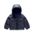 The North Face Infant Moondoggy 2.0 Down Jacket is a gray, hooded, waterproof puffer for children with a front zipper and long sleeves, shown against a white background.