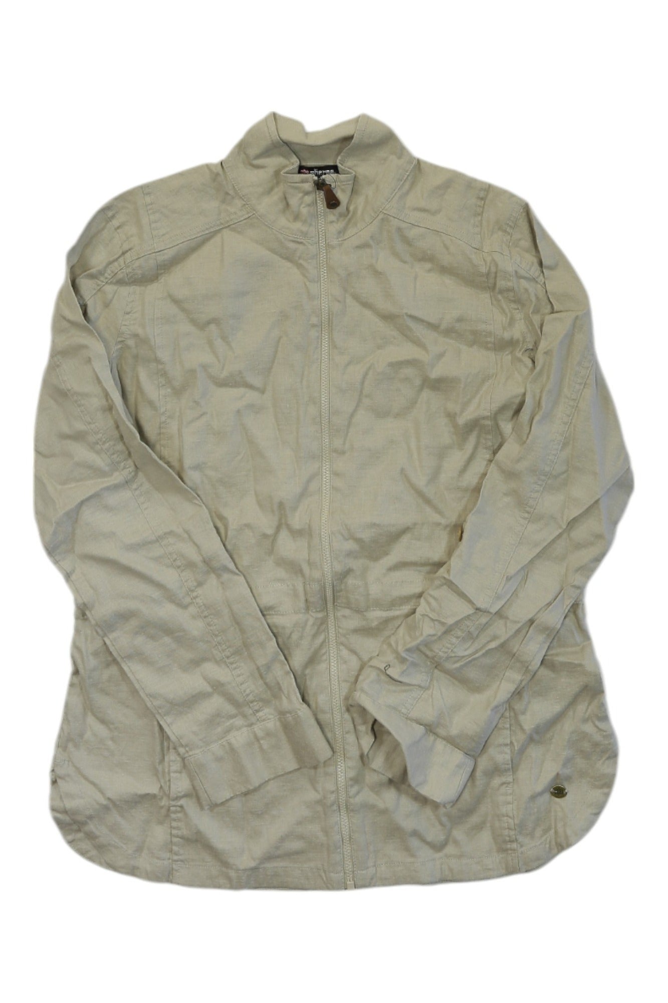 The Sherpa Womens Kiran Jacket is a light beige, long-sleeve, collared outdoor jacket with a front zipper, made from lightweight, slightly wrinkled fabric. Shown laid flat on a white background.
