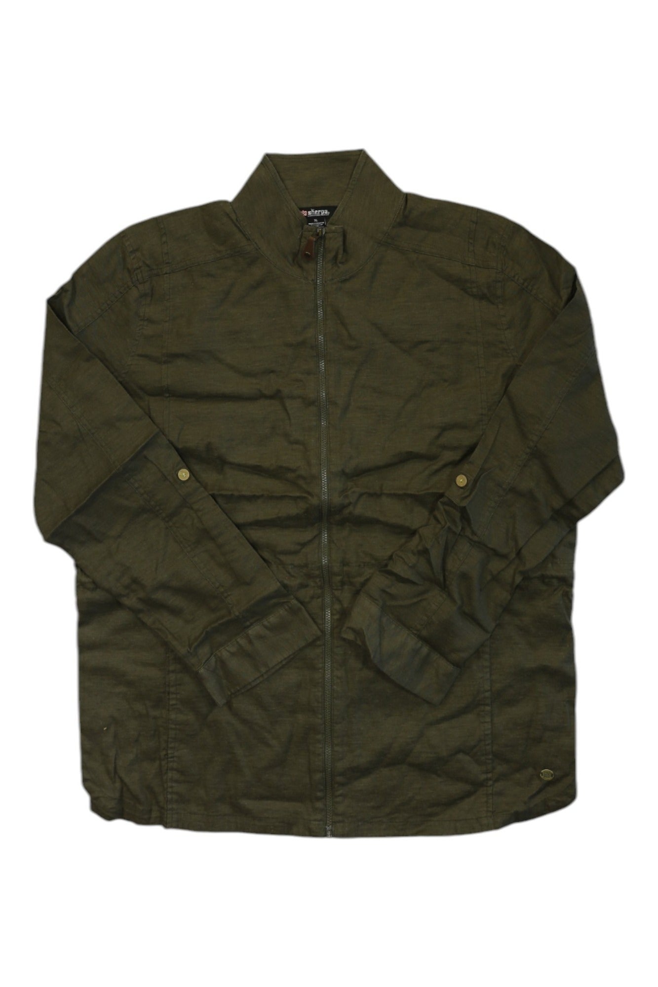 The Sherpa Womens Kiran Jacket is an olive green, lightweight long-sleeve jacket featuring a zip front, stand collar, buttoned cuffs, and pockets. It is shown laid flat on a white background.