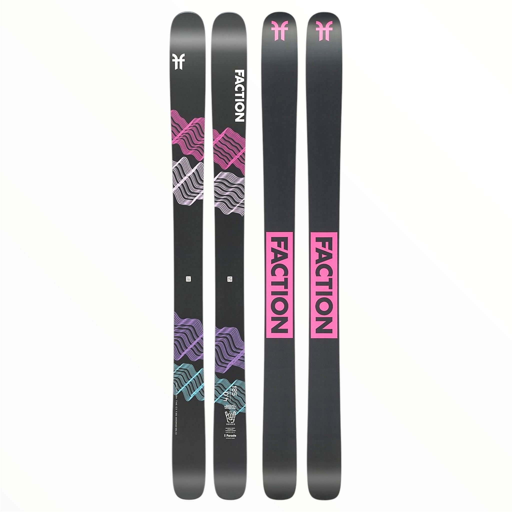 Faction Prodigy 4.0 skis (2022) in black with purple Faction branding and wave graphics
