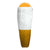 Eco sleeping bag with white upper, gold bottom, and orange hood trim