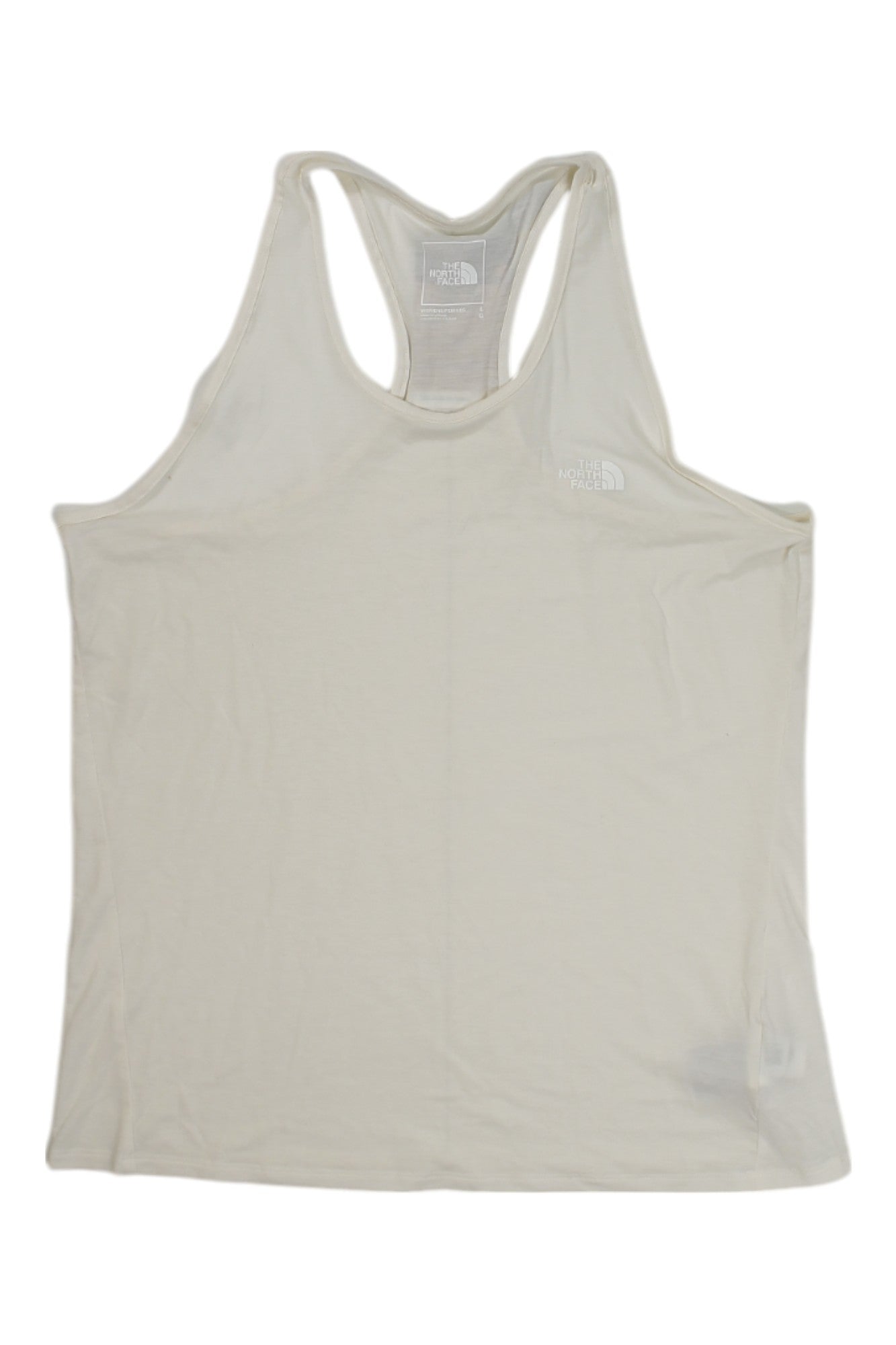 The Womens Wander Tank, in plain white with a small North Face logo on the upper left chest, features moisture-wicking fabric and UPF 50 protection, shown laid flat on a white background.