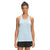 A woman faces forward wearing the Womens Wander Tank in light blue with black shorts, her dark hair tied in a bun, posing against a plain white background.