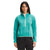 A woman faces forward, wearing The North Face Womens TKA Glacier Crop fleece in teal with white trim and black pants. The recycled polyester pullover displays a small white logo on the left chest, set against a plain white background.
