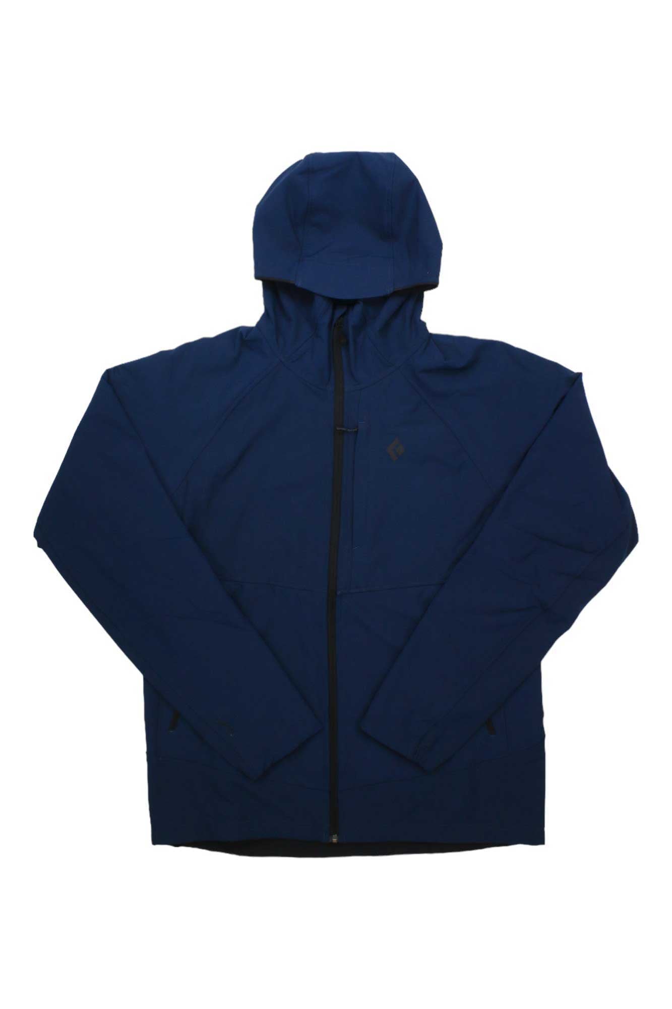 The Black Diamond Mens Element Hoody is a navy blue, lightweight shell with a front zipper, long sleeves, and a minimalistic design—ideal as a breathable outdoor jacket, shown on a white background.
