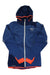 Ortovox women's Swisswool hybrid jacket, blue with hood and orange piping, front zip