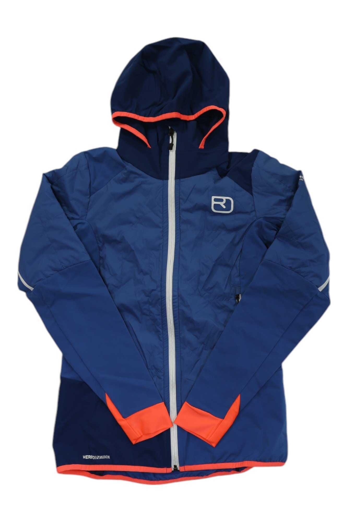 Ortovox hybrid jacket with hood, blue shell and orange trim, zip-front with pockets