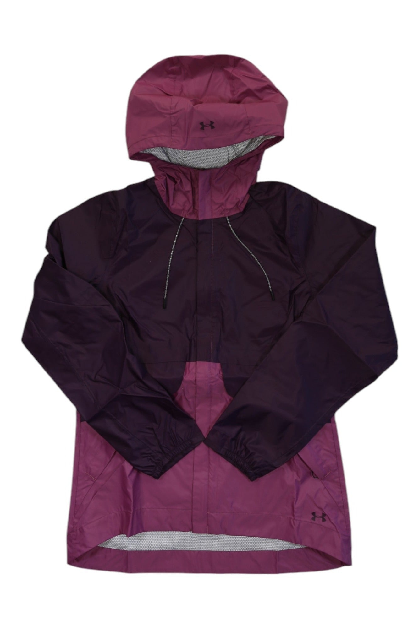 A lightweight, breathable Under Armour Womens Cloudstrike Shell Jacket in two-tone purple and magenta with drawstrings, long sleeves, and a front logo is laid flat on a white background.