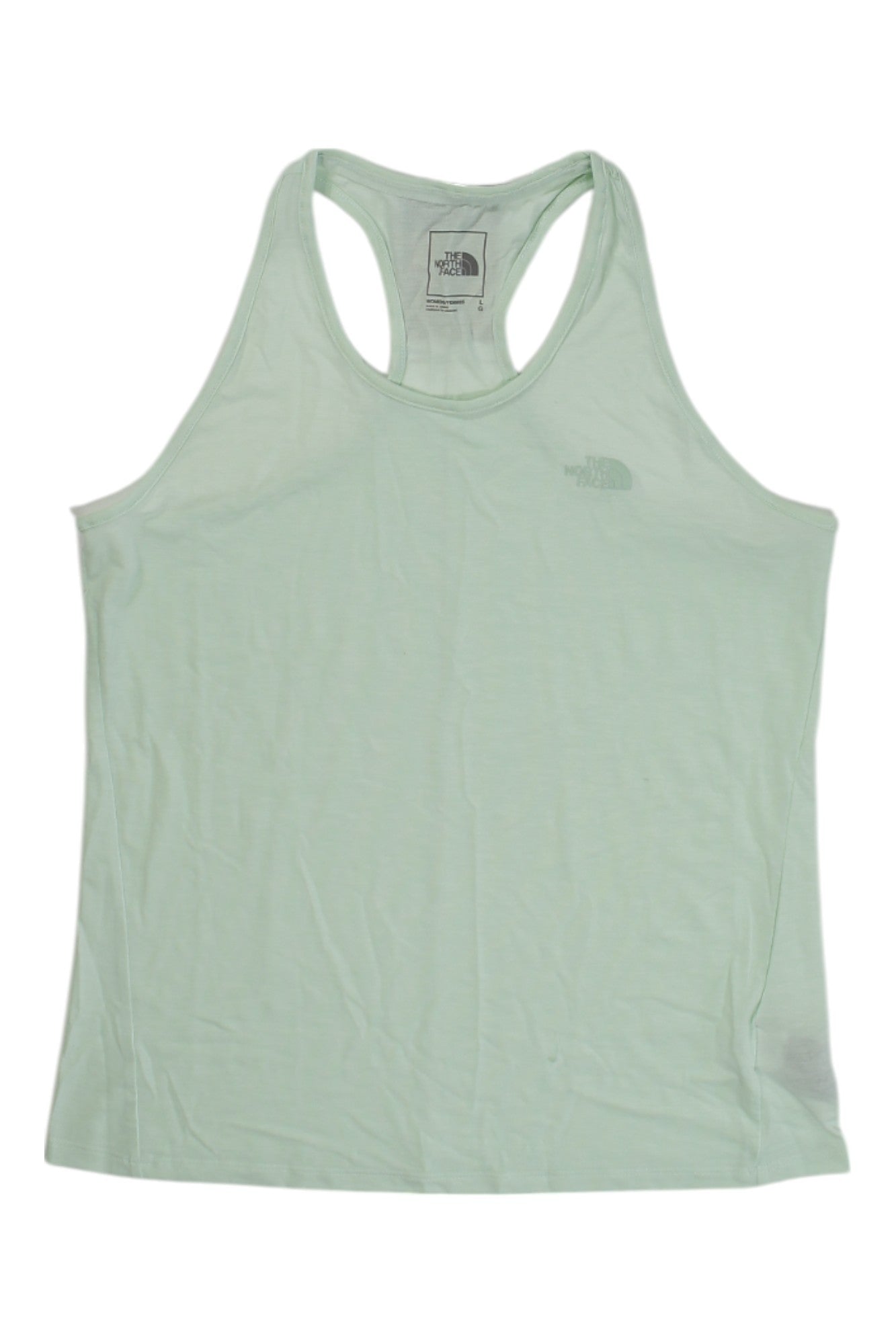 The North Face Womens Wander Tank is a light green racerback tank for women, offering UPF 50 protection. The North Face logo appears on the left chest and inside label near the neckline.