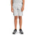 A child wears The North Face Boys' Slacker 8 Inch Short in light gray with black side panels, a gray t-shirt, and black-and-white sneakers, standing against a white background with arms relaxed at their sides.
