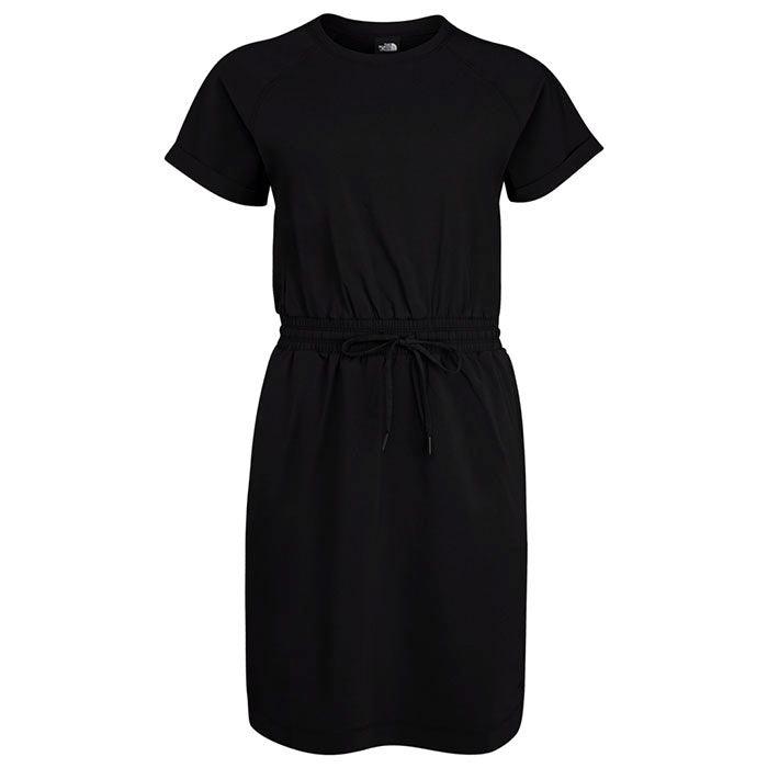 The North Face Womens Never Stop Wearing Dress is a black, knee-length casual dress featuring short sleeves, an elastic drawstring waistband, a crew neckline, and a simple design ideal for everyday wear.