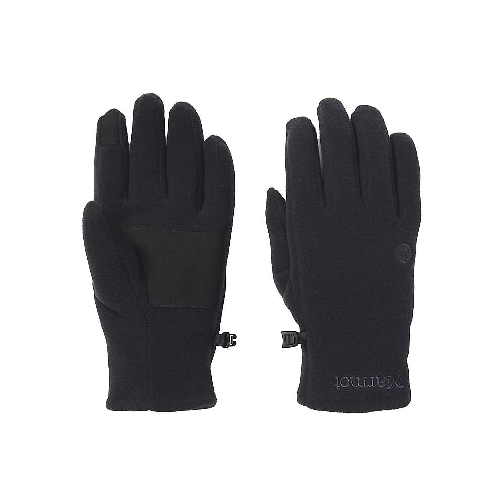 A pair of black Marmot Rocklin Fleece Gloves are shown, featuring touchscreen-compatible fingertips, a suede-like palm patch on one glove, and a small clip to keep them together.