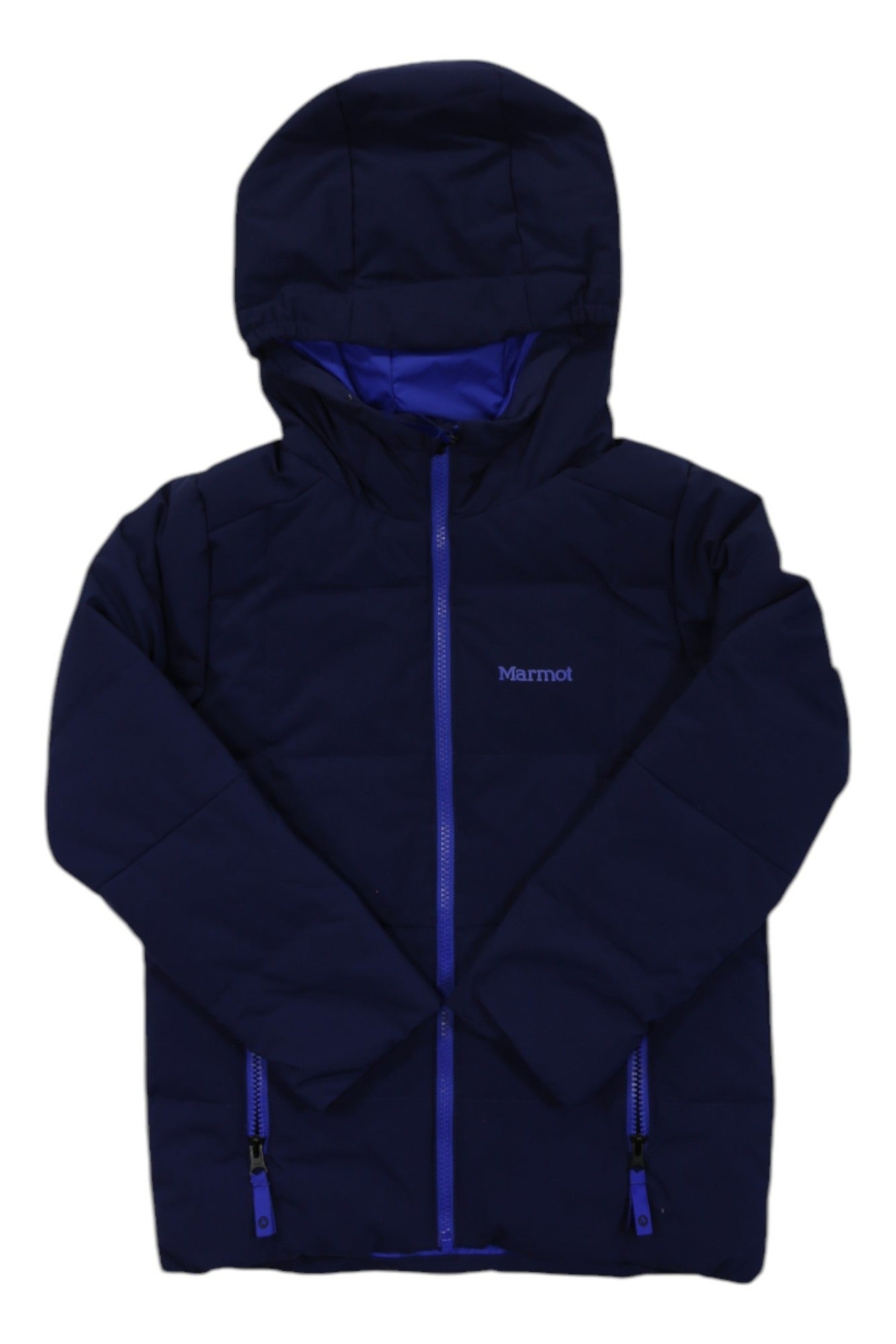 Kids polar down jacket, navy with hood, full zip, front pockets, blue trim and logo