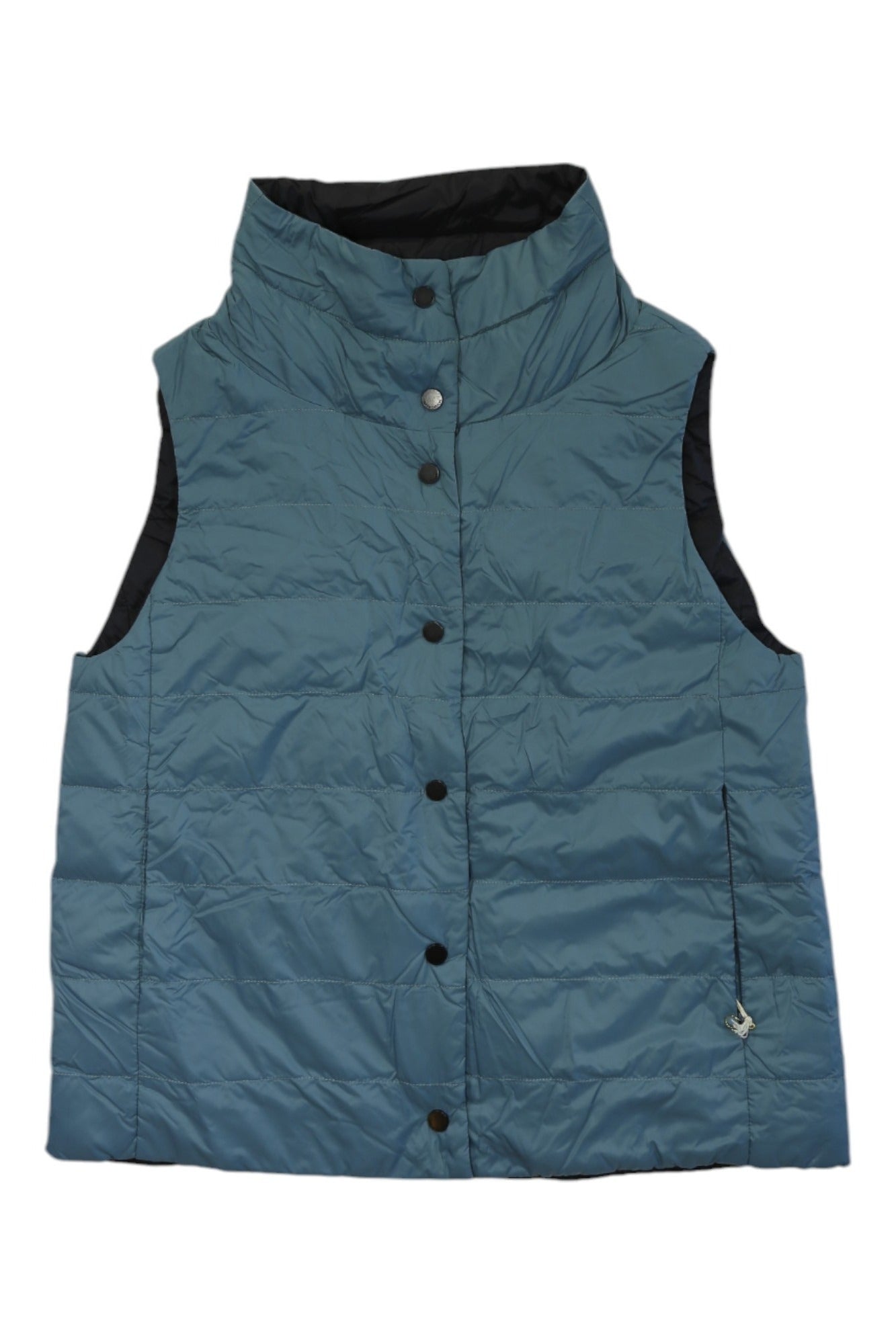 The Silverton Reversible Down Vest is a sleeveless, light blue quilted vest with a high collar, snap front, black lining, Nordic down insulation for warmth, and a right-side zip pocket.