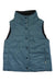 The Silverton Reversible Down Vest is a sleeveless, light blue quilted vest with a high collar, snap front, black lining, Nordic down insulation for warmth, and a right-side zip pocket.
