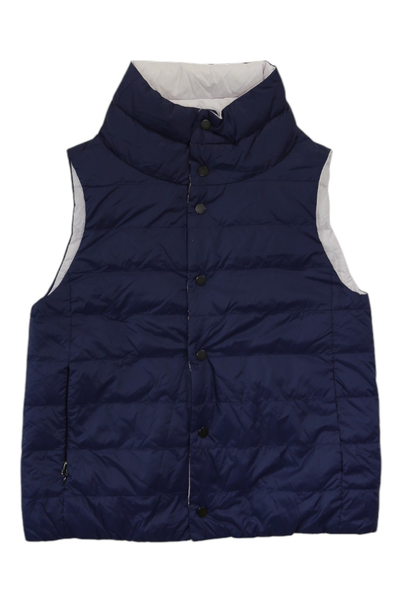 The Silverton Reversible Down Vest is a navy blue, sleeveless puffer with Nordic down insulation, a high collar, front snap buttons, and a zippered pocket. It’s sustainable and features a white lining, shown against a white background.