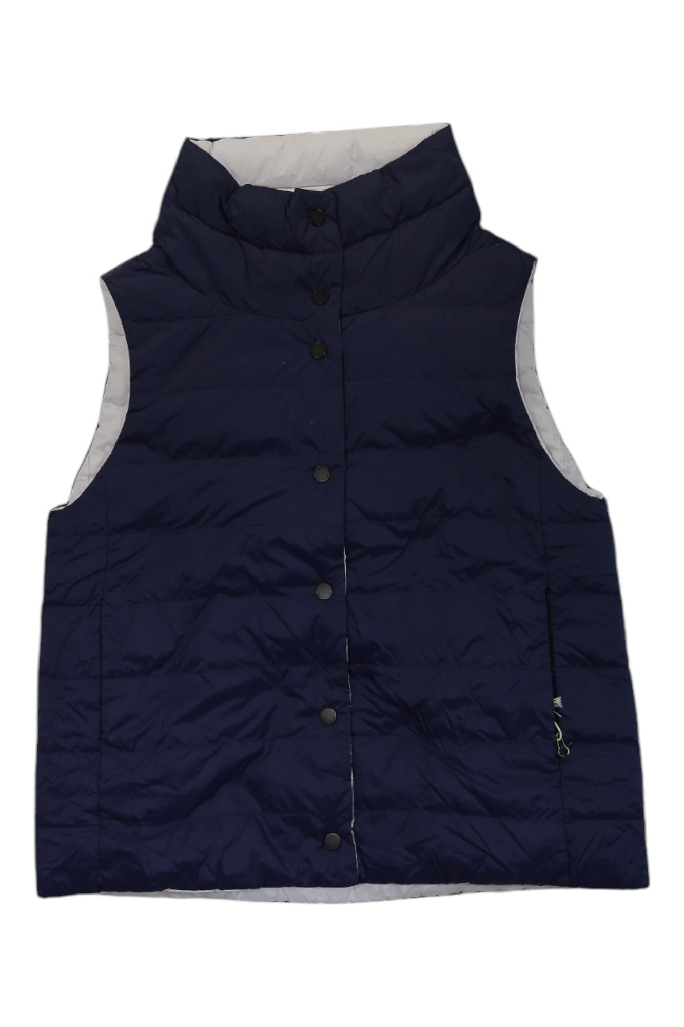 The Silverton Reversible Down Vest is a sleeveless, dark blue quilted puffer with Nordic down insulation, black snap buttons, a high collar, and light gray lining, shown laid flat on a white background.