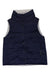 The Silverton Reversible Down Vest is a sleeveless, dark blue quilted puffer with Nordic down insulation, black snap buttons, a high collar, and light gray lining, shown laid flat on a white background.