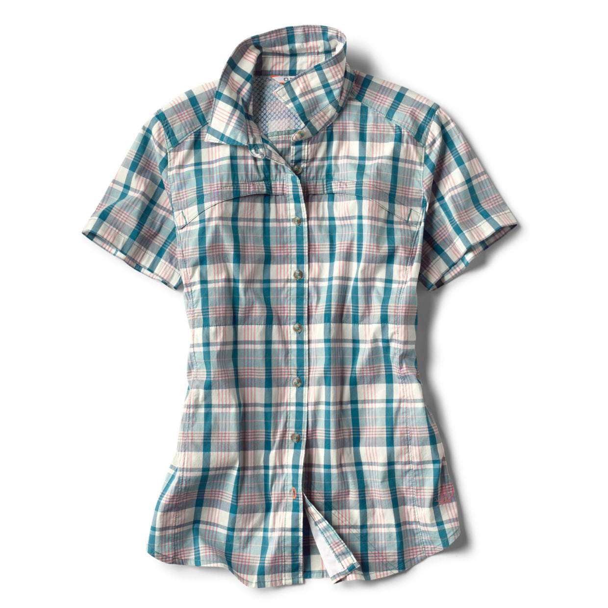 Womens short-sleeve plaid shirt, teal and gray, button-front and collar
