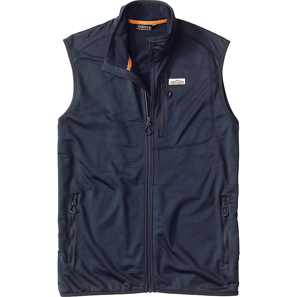 The Orvis Men's Horseshoe Hills Vest is a navy blue, lightweight performance vest with zippered side and chest pockets, a small logo patch on the left chest, a stand collar, and subtly textured fabric for versatile wear.