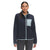 A woman models The North Face Women's Snap-Front Mountain Sweatshirt in navy with light blue trim and a chest pocket, standing forward with a neutral expression against a white background, highlighting this stylish outdoor jacket.