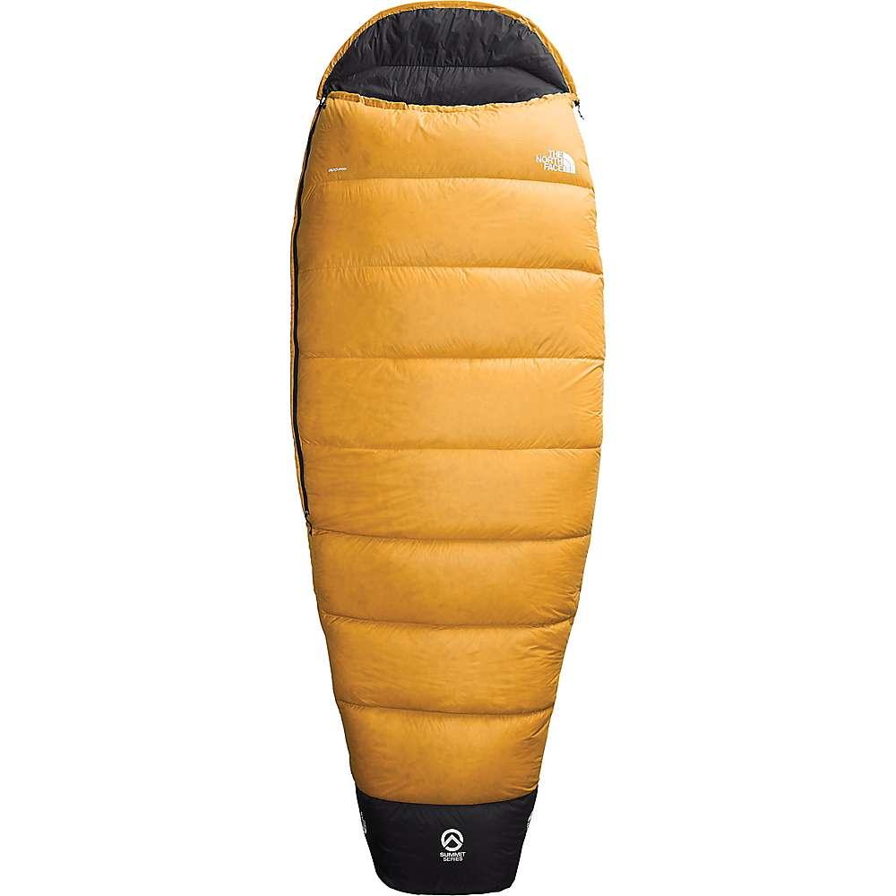 The North Face Inferno 35F/2C Sleeping Bag is shown in yellow with a black interior and base, mummy-style, featuring the logo near the top right. This lightweight, zippered bag is displayed against a plain white background.