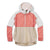 The Smartwool Womens Merino Sport Ultra Light Anorak is a color-blocked windbreaker with a half-zip front, featuring white shoulders and hood, light pink chest and sleeves, plus a beige lower section and cuffs.