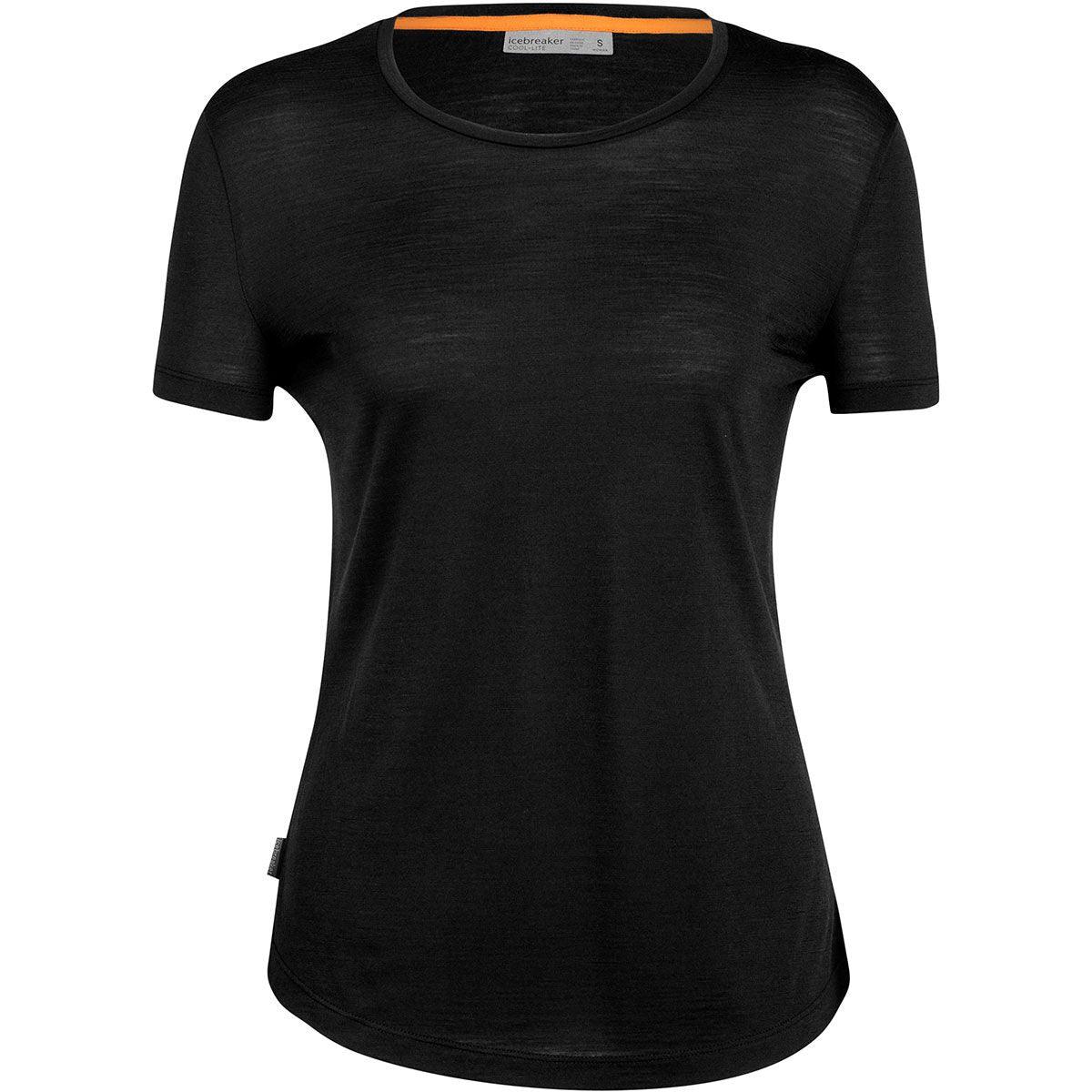 The Icebreaker Womens Sphere II SS Tee is a plain black, short-sleeve merino wool t-shirt with a round neckline, shown on a white background.