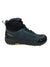 The Vasque Men's Breeze LT NTX Boot is shown in black/dark blue with black laces, yellow accents, and a Vibram Megagrip outsole—ideal waterproof hiking boots, pictured in side profile against a white background.