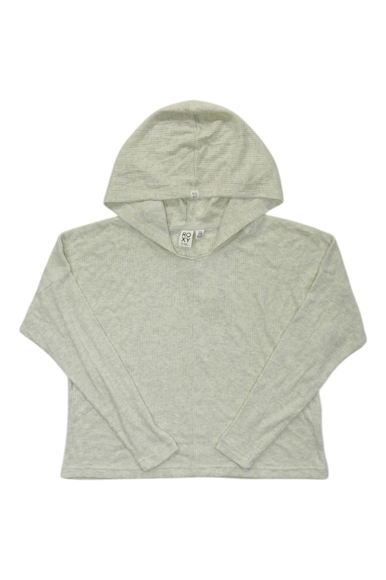 The Roxy Womens Sunday Morning Hoodie in light gray features long sleeves and a relaxed fit, laid flat on a white background. Its soft, lightweight material with a visible neckline tag makes it ideal for outdoor adventures or daily wear.