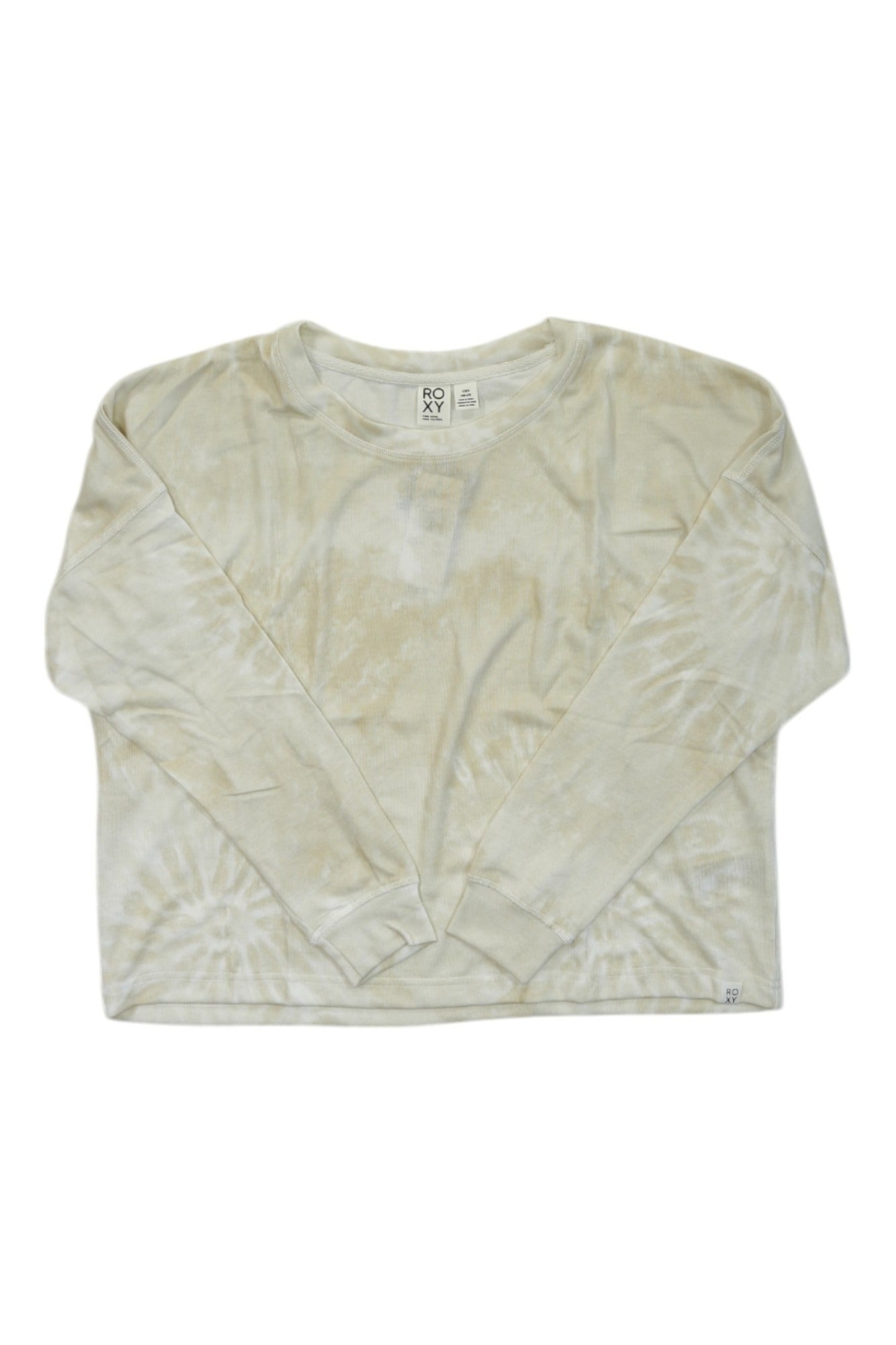 The Roxy Womens Current Mood Crew is a long-sleeve, light beige tie-dye shirt with a round neckline, ideal as a casual base layer.