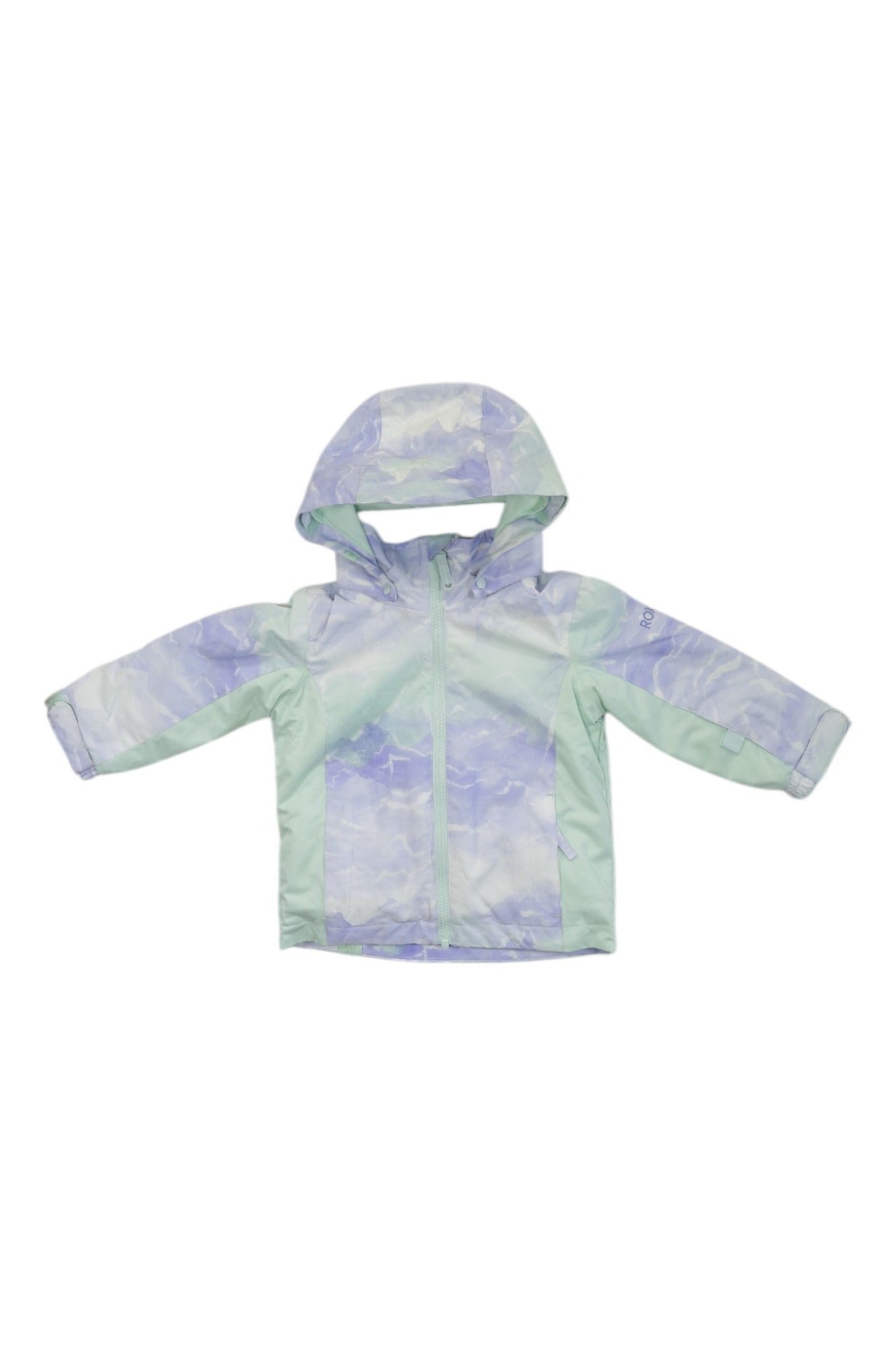 The Roxy Girls Snowy Tale Jacket features light purple and mint green colors, a front zipper, long sleeves, and a pastel cloud-like pattern. This insulated kids' ski jacket is ideal for winter fun and is shown on a plain white background.